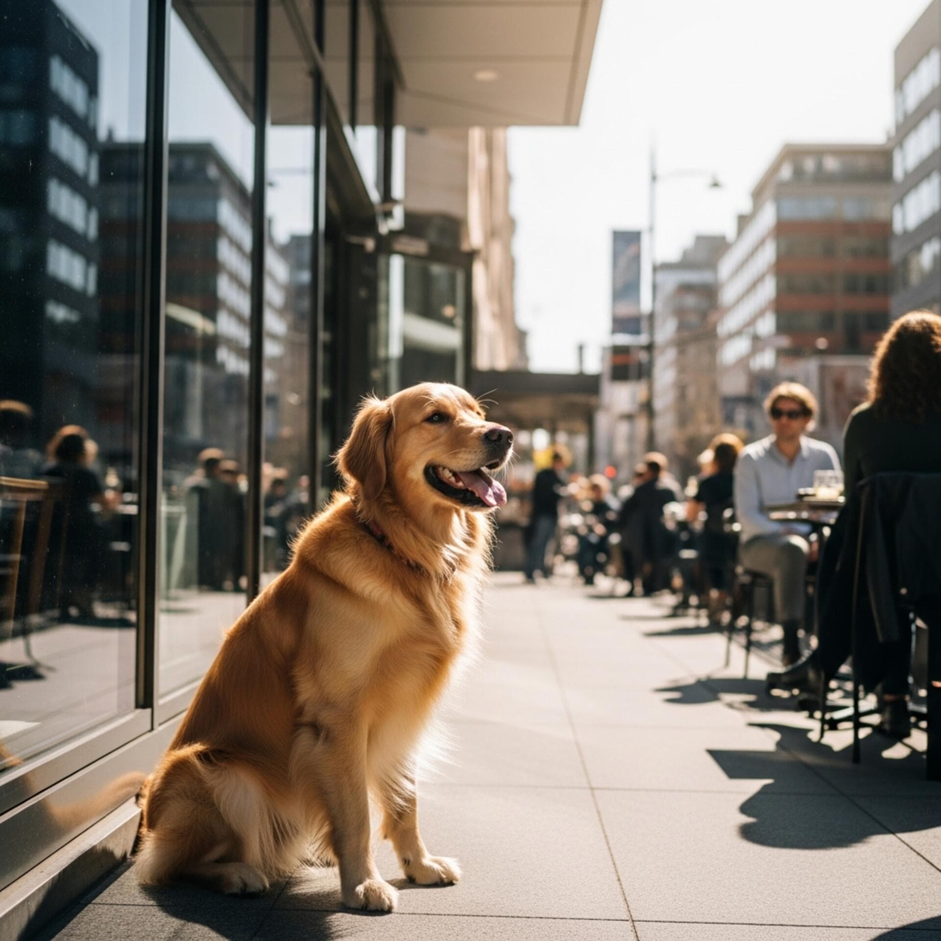Happy dog at a city cafe