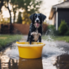 dog bathing in the driveway