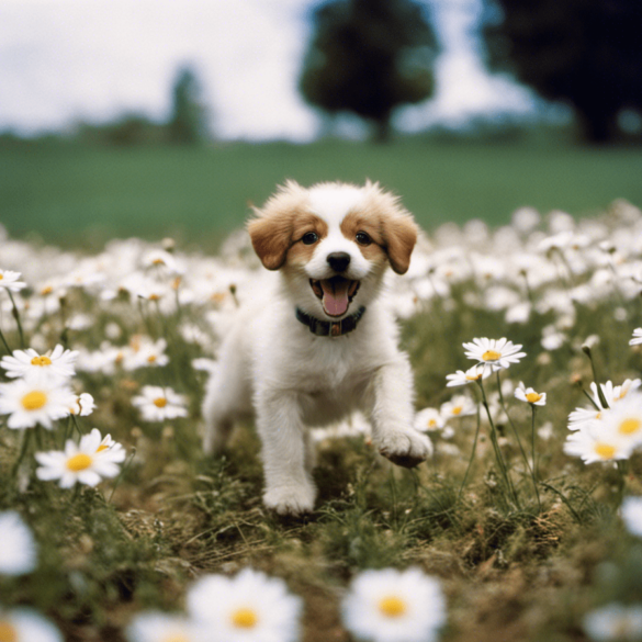 playful Poolky puppy is romping around in a field of fresh, blooming daisies